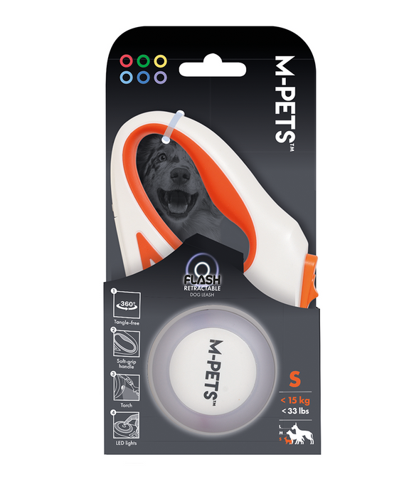 M-PETS Flash Retractable Leash White & Orange S