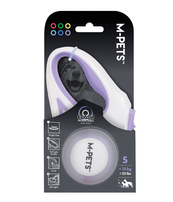 M-PETS Flash Retractable Leash White & Purple S