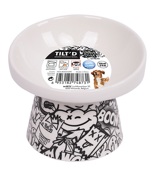 M-PETS Freestyle Tilt’d Raised Ceramic Bowl Black & White 150ml