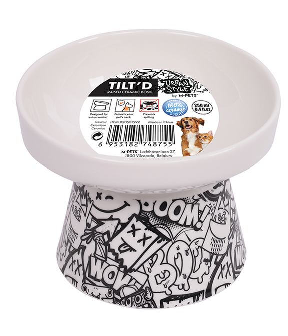 M-PETS Freestyle Tilt’d Raised Ceramic Bowl Black & White 250ml