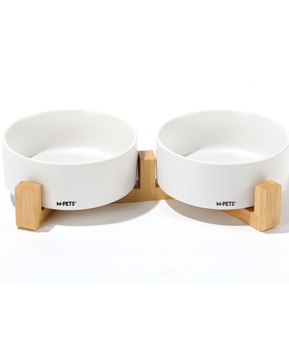 M-PETS OPERA Ceramic Bowls with Bamboo Stand White 2x350ml