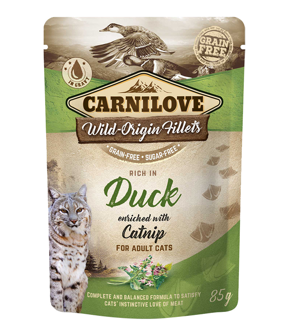 carnilove-duck-enriched-with-catnip-for-adult-cats-wet-food-pouches-24x85g -1