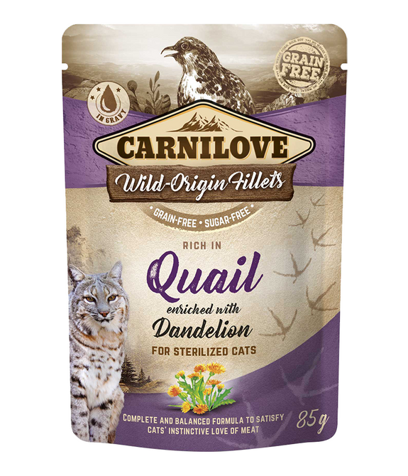 carnilove-quail-enriched-with-dandelion-for-sterilized-cats-wet-food-pouches-24x85g -1