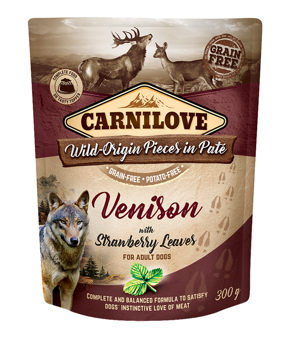 carnilove-venison-with-strawberry-leaves-for-adult-dogs-wet-food-pouches-12x300g -1